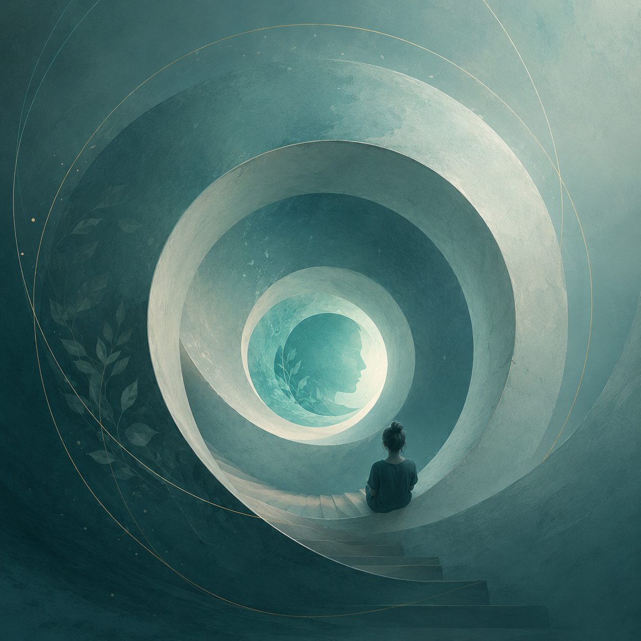 Una persona desciende por una escalera hacia el centro de una espiral luminosa — metáfora de volver al origen de los propios patrones emocionales.